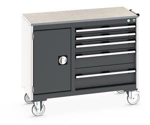 Bott Cubio Mobile Cabinet / Maintenance Trolley measuring 1050mm wide x 525mm deep x 890mm high. Storage comprises of 1 x Cupboard (400mm wide x 600mm high) and 5 x 650mm wide Drawers (2 x 75mm, 1 x 100mm, 1 x 150mm & 1 x 200mm high).... Bott Mobile Storage 1050 x 750